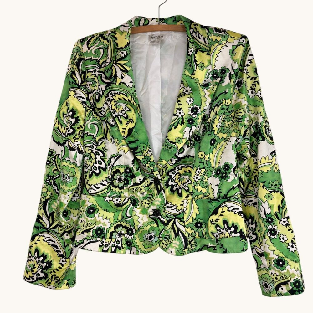 Vintage Women's Kay Unger Green Paisley Silk Blazer Retro Sz 14